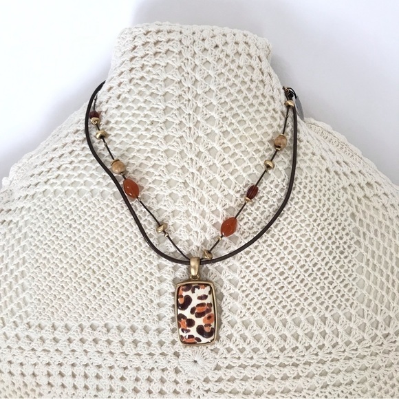 Chico's Double Strand Bead Leopard Print Pendant Cord Choker Necklace - Picture 1 of 16